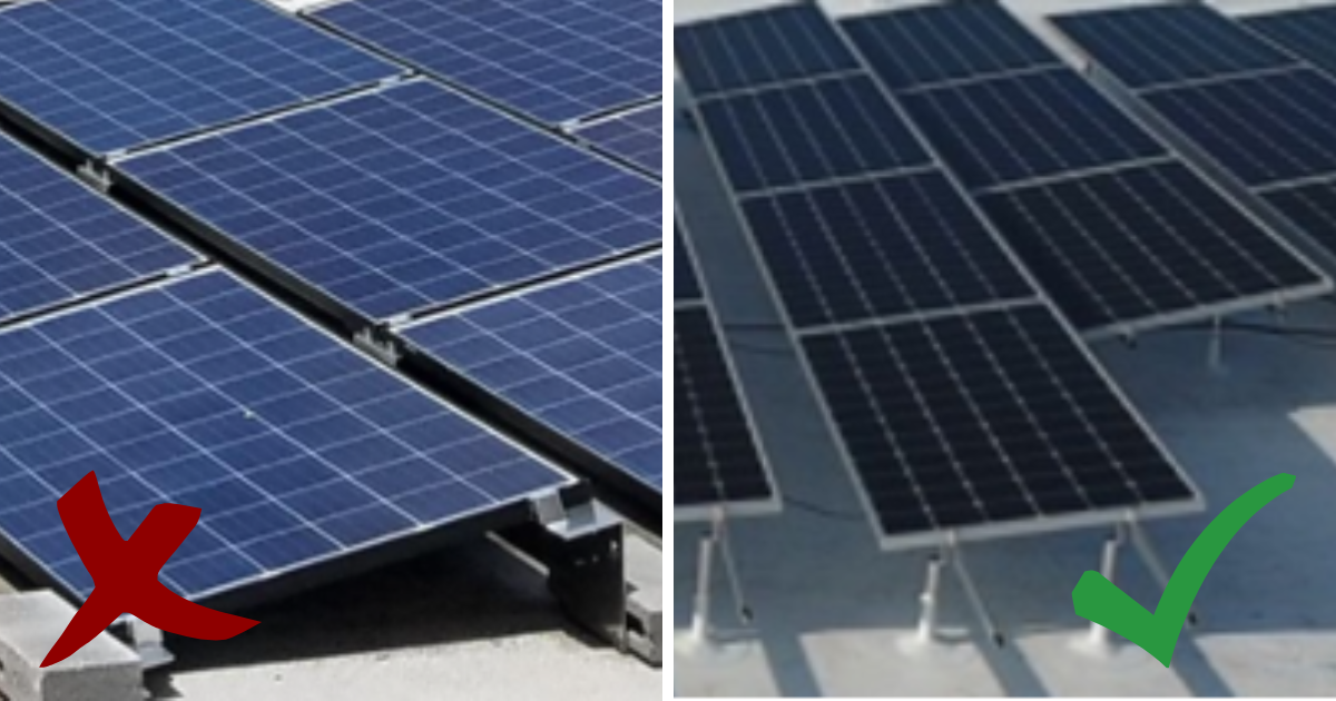 Image is of a bad example of solar-ready roofing and a good example of solar-ready roofing.